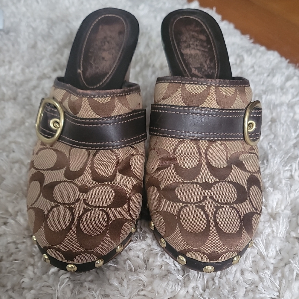 Coach Brown and Tan Mules with Gold Accents